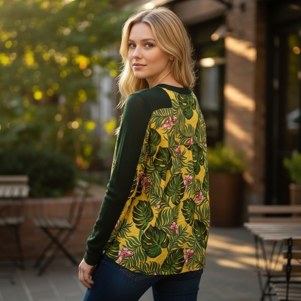 Sandrine Rose Sweater S Forest Green New Mixed Media Tropical Wool Pullover